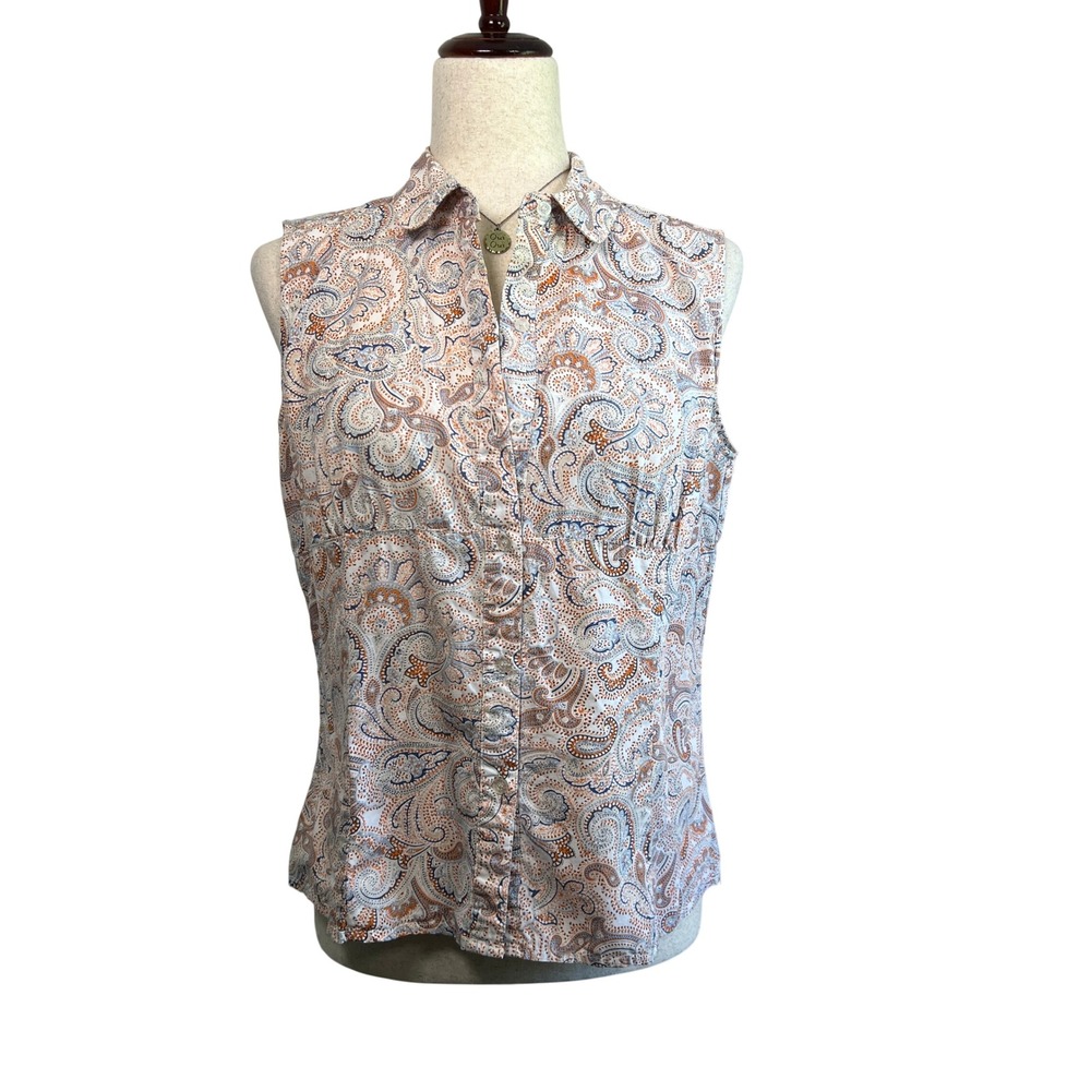 Roper Paisley Sleeveless Western Ranch Button Front Shirt Womens M Blue Orange